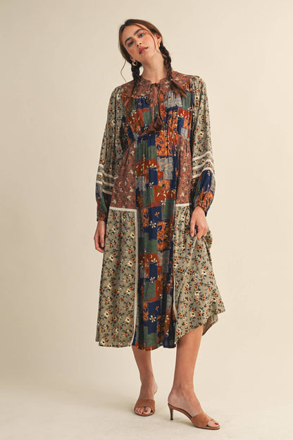 MIXED FLORAL PATCHWORK MIDI DRESS WITH LACE TRIM MDR4135