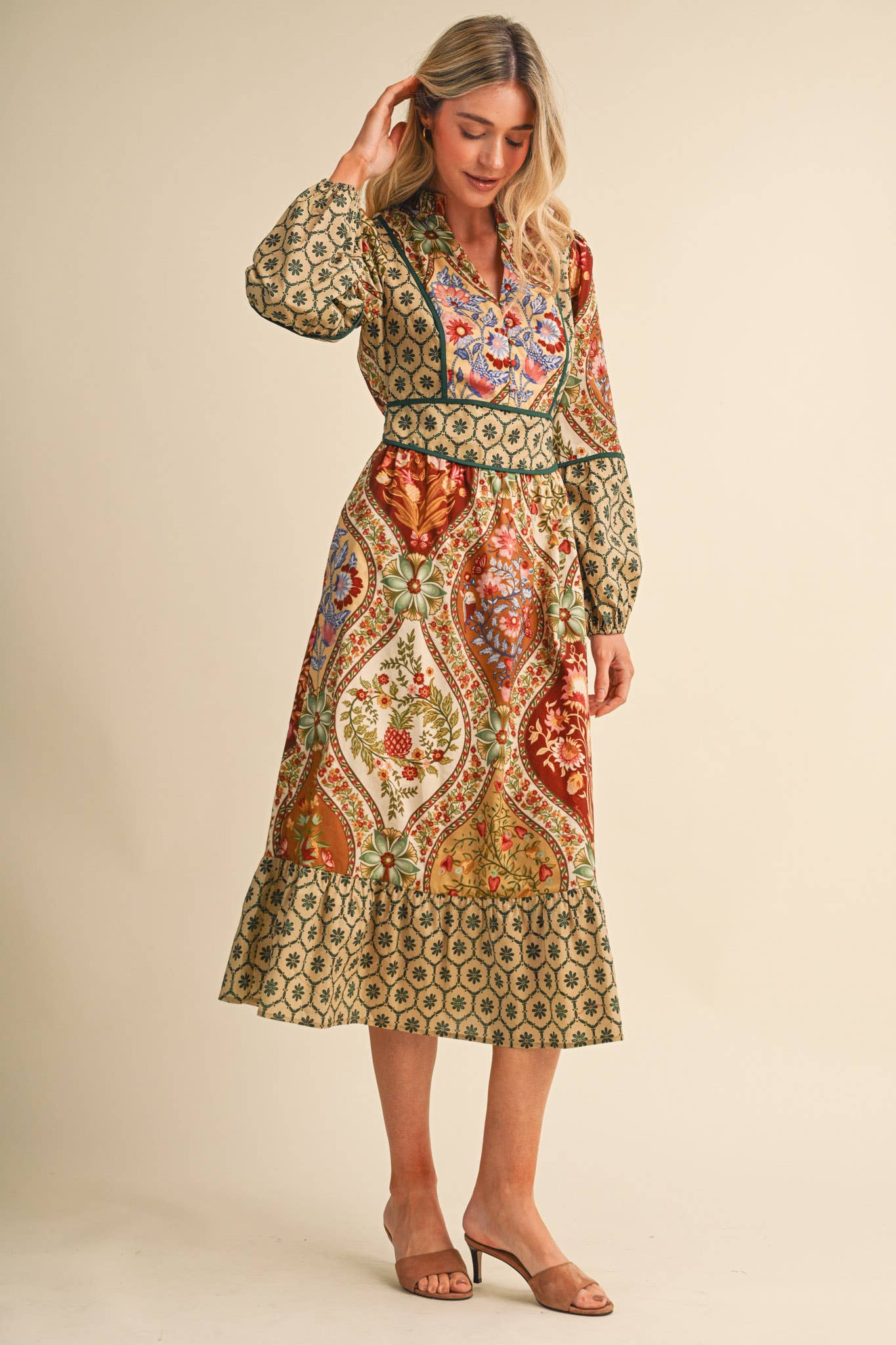 MIXED FLORAL PRINT CONTRAST PIPING MIDI DRESS