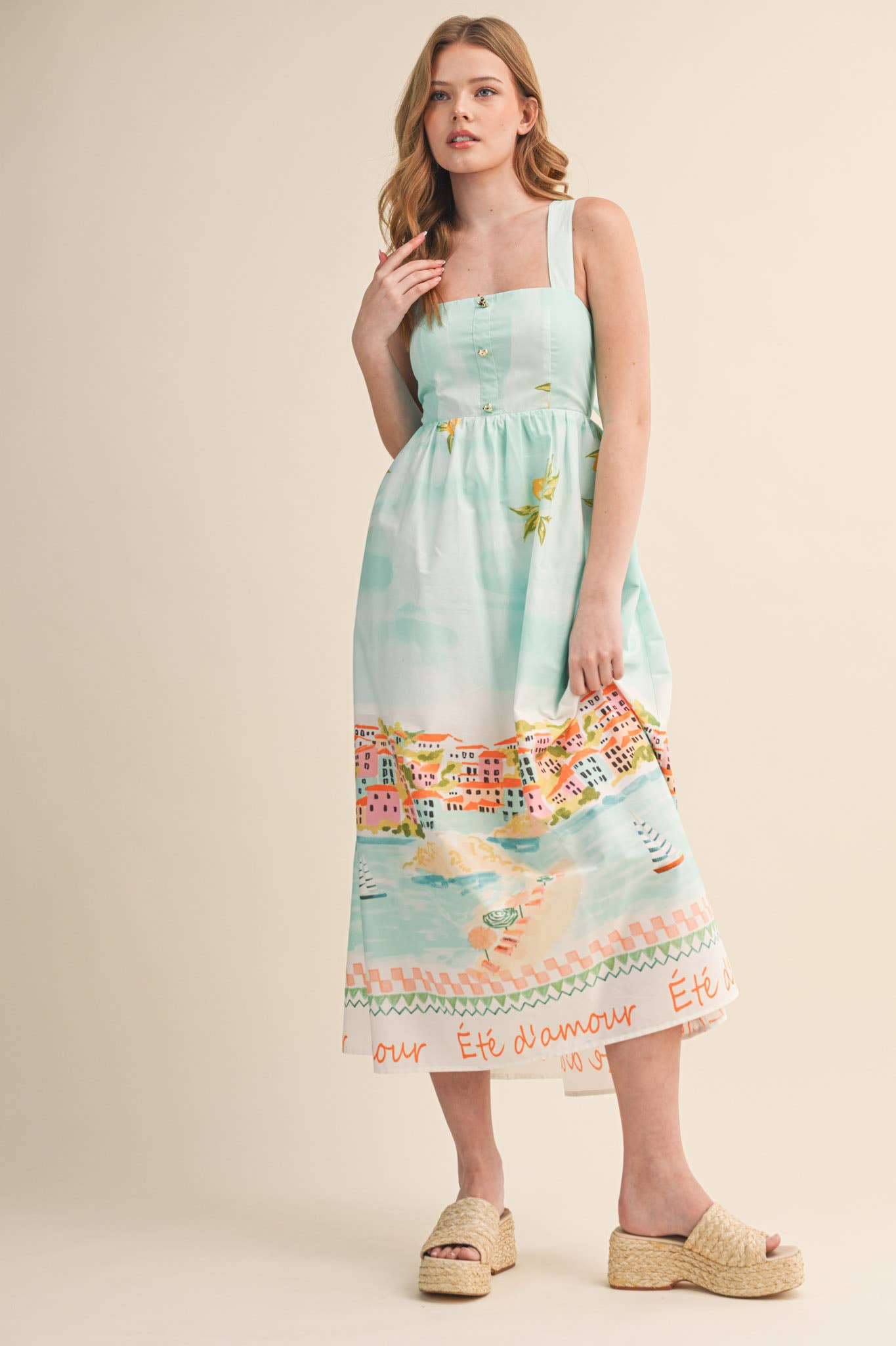 LETS GETAWAY LANDSCAPE PRINT BOW TYING MIDI DRESS BLUE