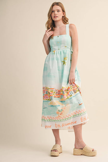 LETS GETAWAY LANDSCAPE PRINT BOW TYING MIDI DRESS BLUE