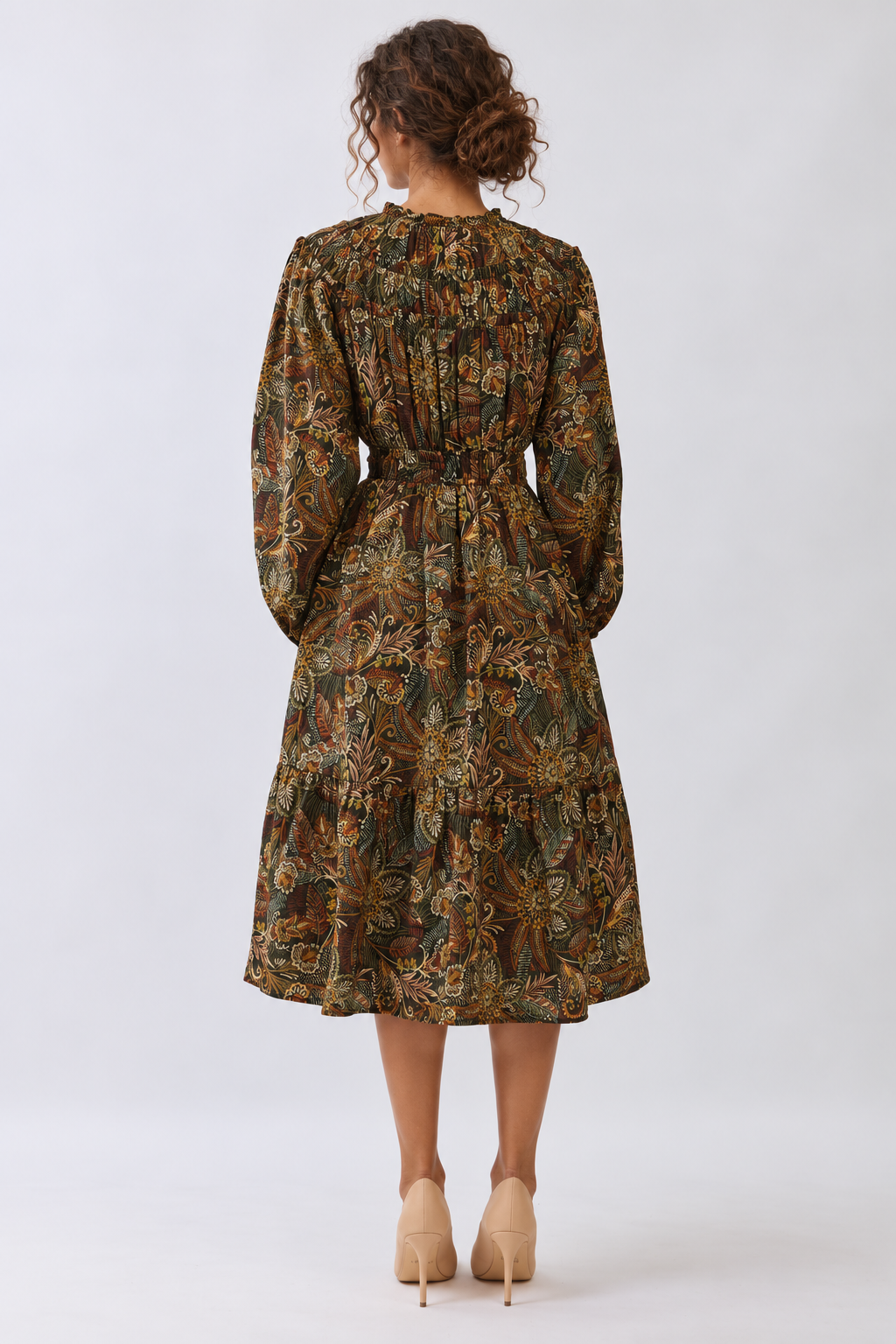 Green Tie Lace Neck Floral Paisley Print Tiered Midi Dress