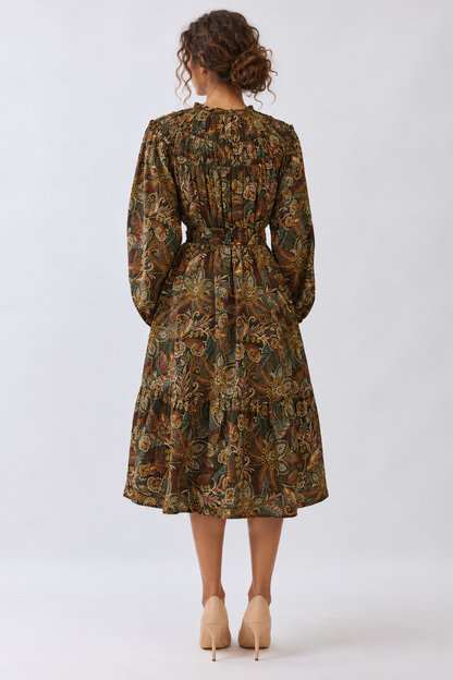 Green Tie Lace Neck Floral Paisley Print Tiered Midi Dress