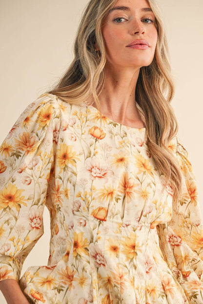 Yellow Floral Pleated Waist Midi Dress