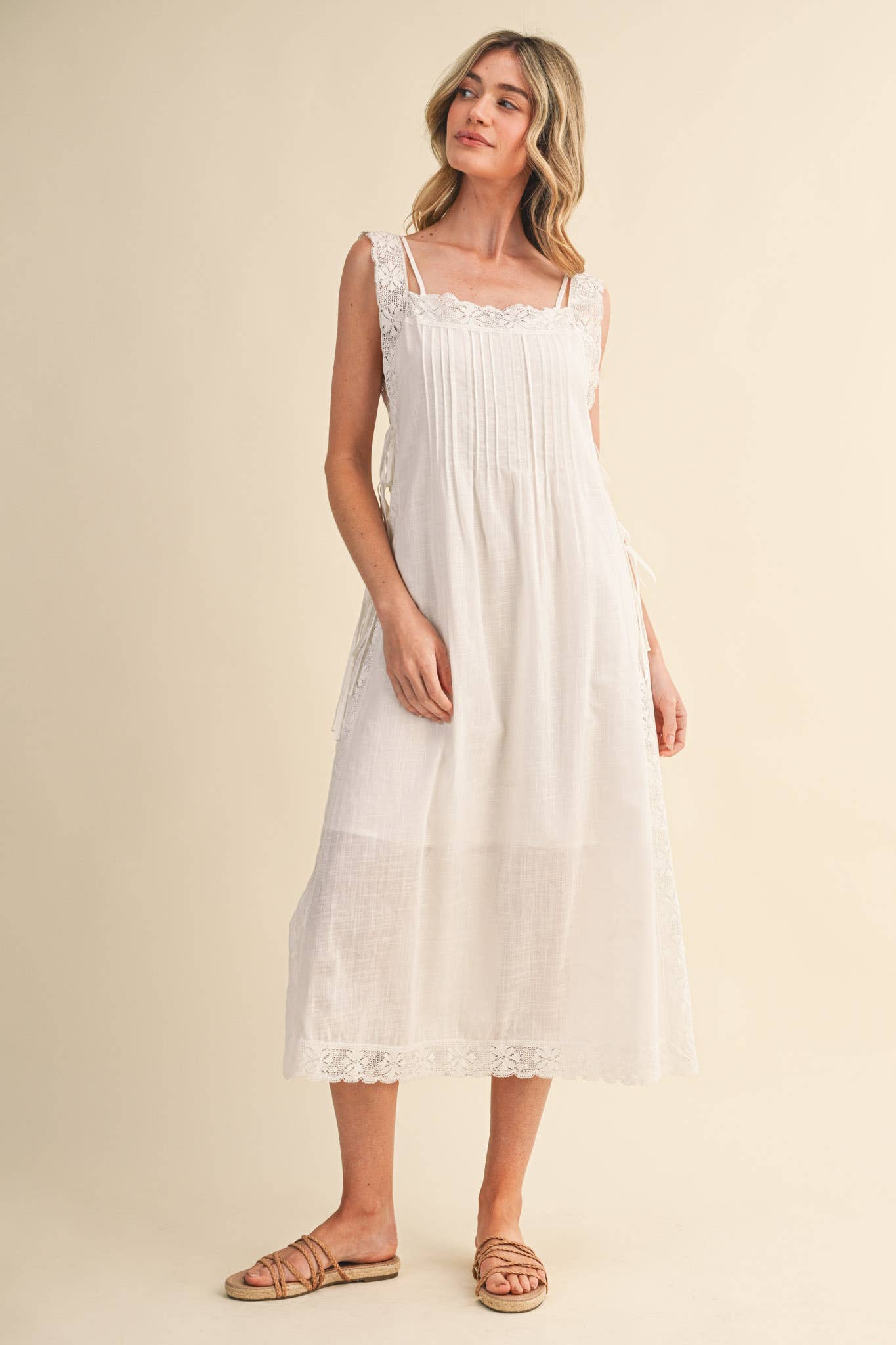 COTTON LACE TRIM SIDE TYING MIDI DRESS BLACK WHITE