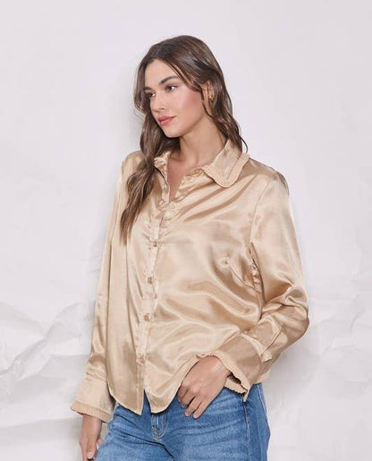Pleated Collar Satin Shirt