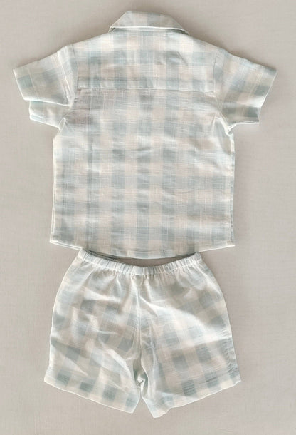 Kids' Unisex Blue Checks Cotton Shirt & Shorts Set with Wooden Buttons