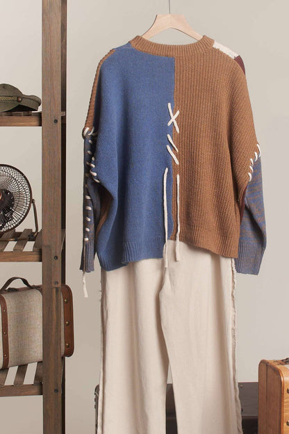 Color Block Sweater with Drawstring Details