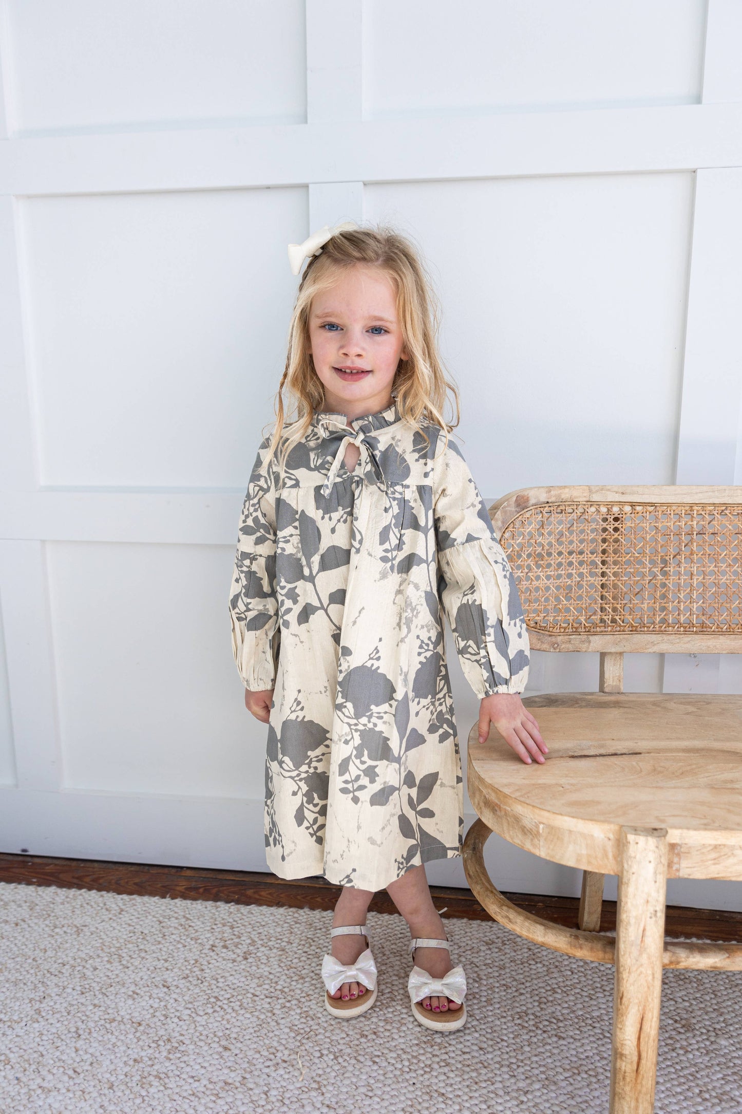 Grey Leaf Printed Gathered Long Sleeve Dress