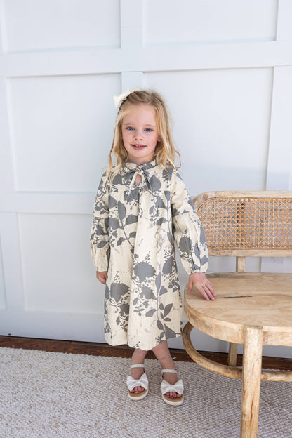 Grey Leaf Printed Gathered Long Sleeve Dress