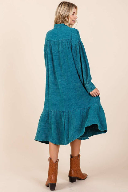 MINERAL WASH COTTON GAUZE RUFFLE MIDI SHIRT OVERSIZE DRESS