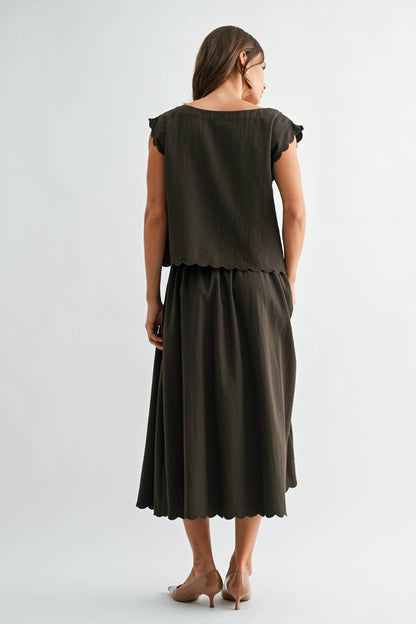 OLIVE GREEN SCALLOP EDGE MAXI TOP SKIRT SET