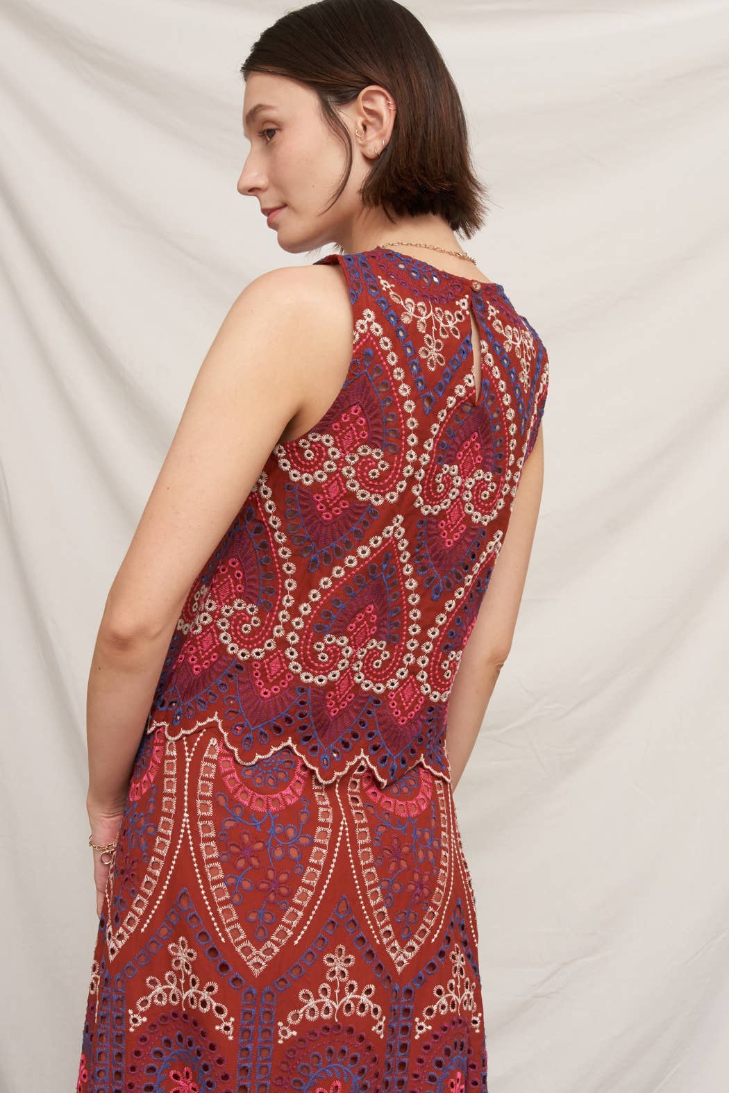 Eyelet Embroidered Blouse and Midi Skirt with Uneven Hem Scallop