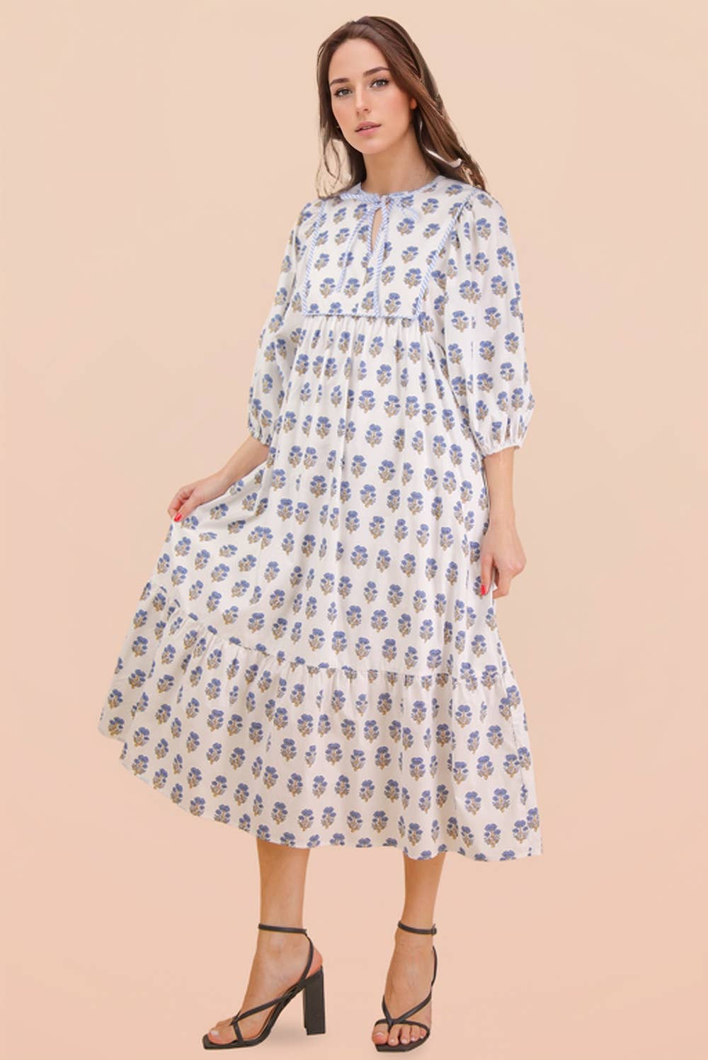 Printed Half Sleeve Midi Dress Pink Blue