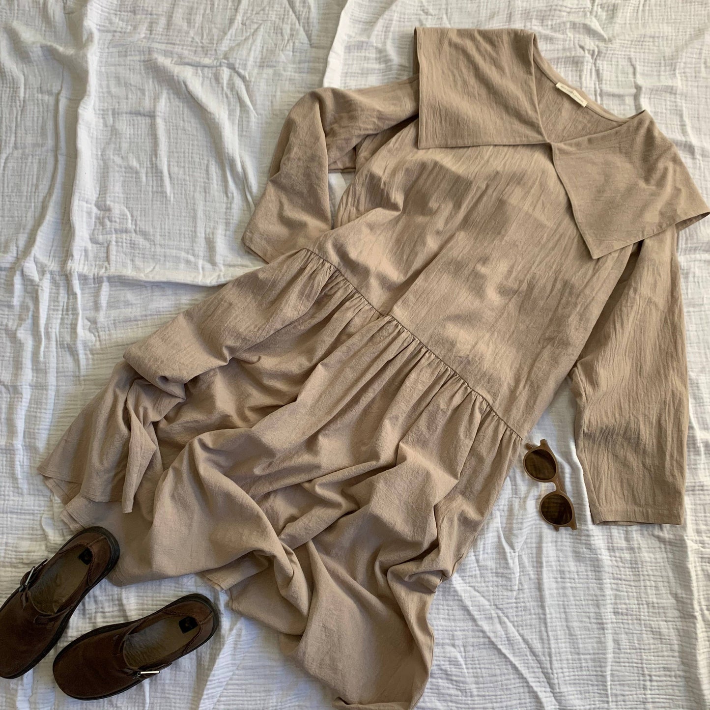 Peter Pan Collared Long Sleeve Midi Dress Oatmeal