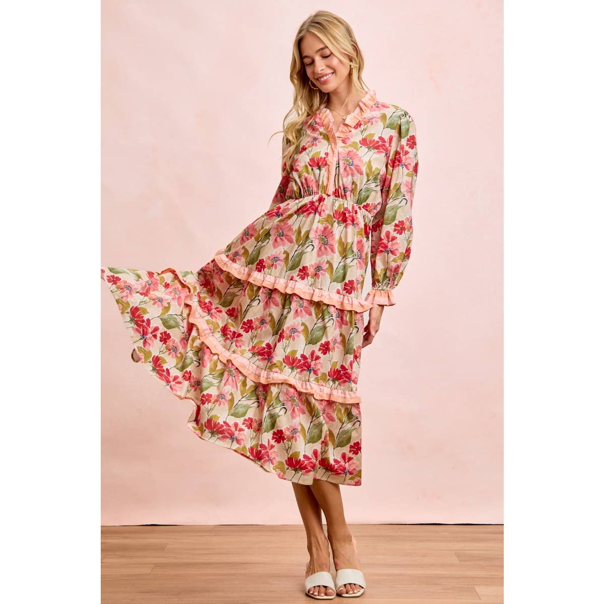 FLORAL PRINT MIDI DRESS WITH RUFFLE SCALLOP EDGE DETAILS
