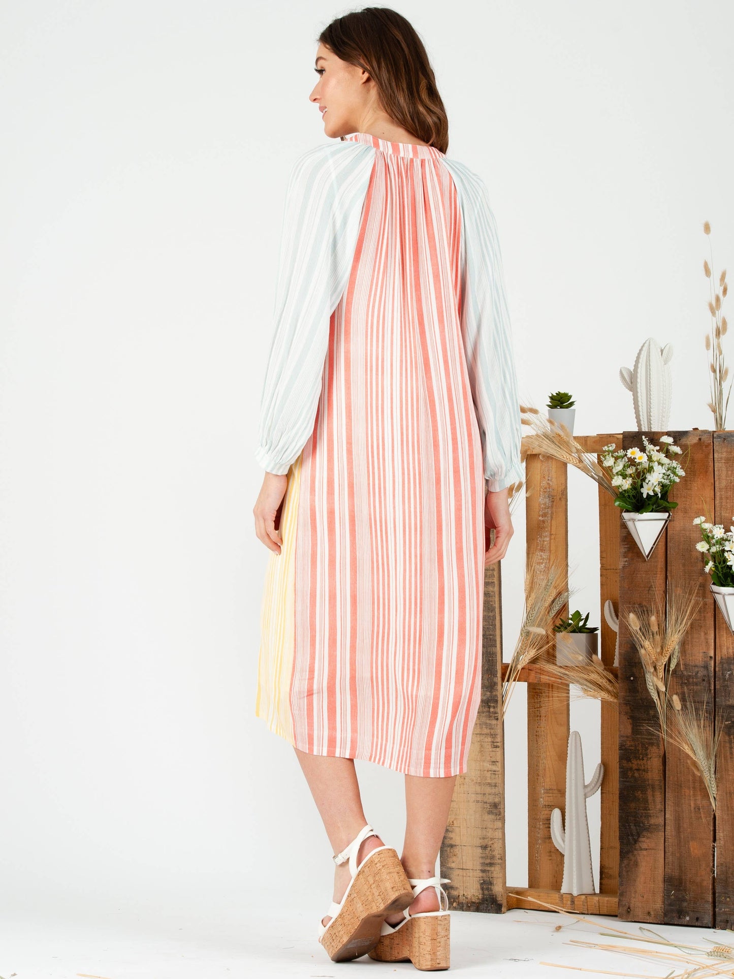 Blue Pink Yellow Multi Color Women's Striped Colorblock Midi Dress