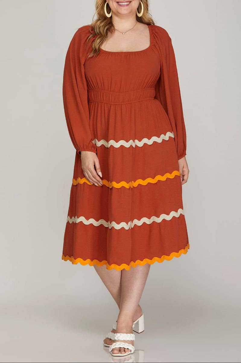 PLUS - LONG SLEEVE WOVEN TIERED RIC RAC TRIM DRESS