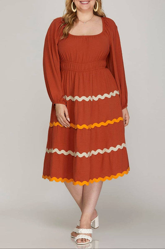PLUS - LONG SLEEVE WOVEN TIERED RIC RAC TRIM DRESS