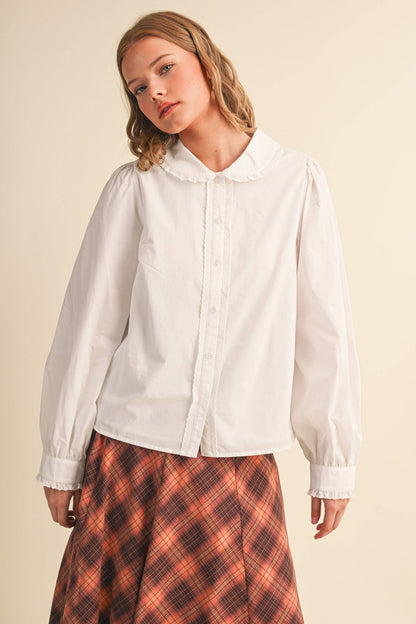 BUTTON UP TOP WITH SCALLOPED TRIM PETER PAN COTTON BLOUSE BLACK WHITE MUSHROOM
