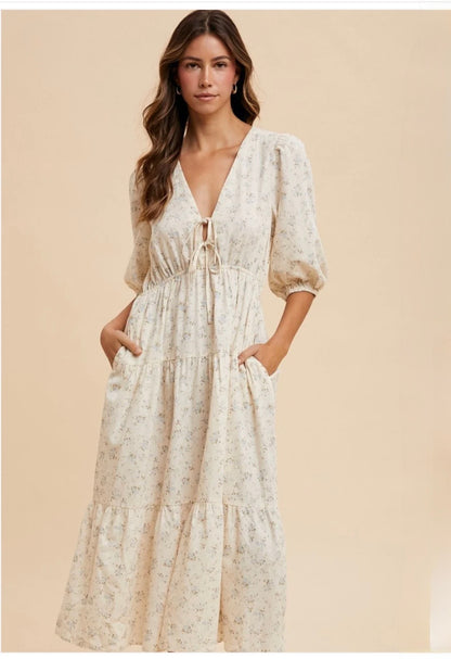 Cream Lace Up Front V Neck Floral Midi