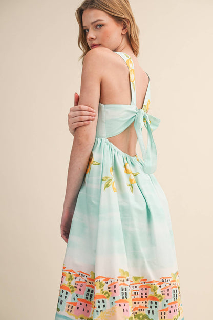 LETS GETAWAY LANDSCAPE PRINT BOW TYING MIDI DRESS BLUE
