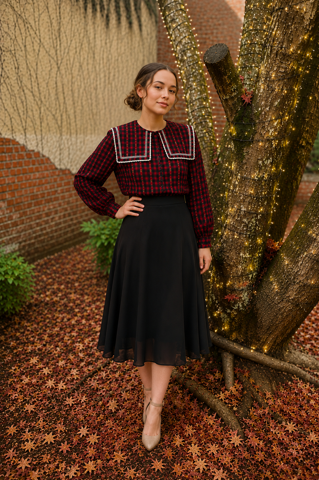 Plaid Red Black White Scallop Lace Peter Pan Oversize Collar Blouse