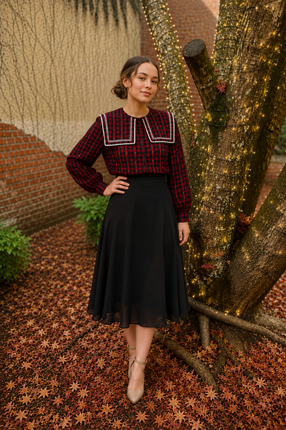 Plaid Red Black White Scallop Lace Peter Pan Oversize Collar Blouse