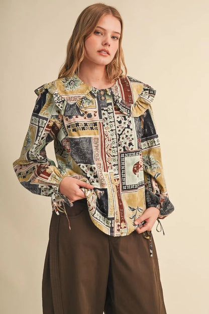 Patchwork Peter Pan Oversize Collar Blouse