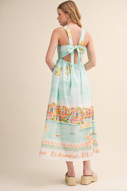 LETS GETAWAY LANDSCAPE PRINT BOW TYING MIDI DRESS BLUE