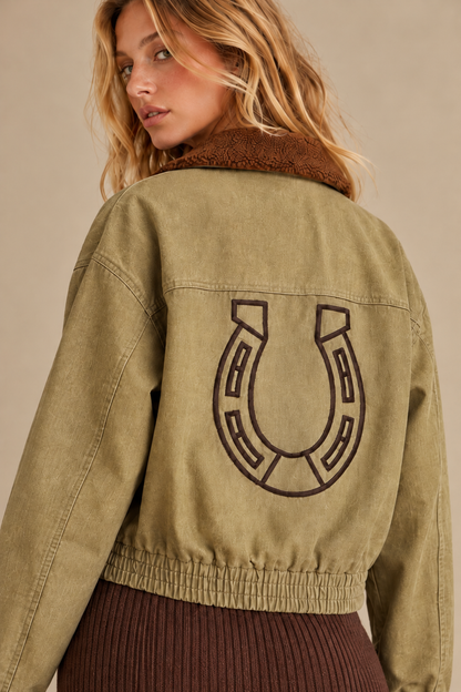 The Outlaw Bronco Sherpa-Collar Olive Green Denim Jacket