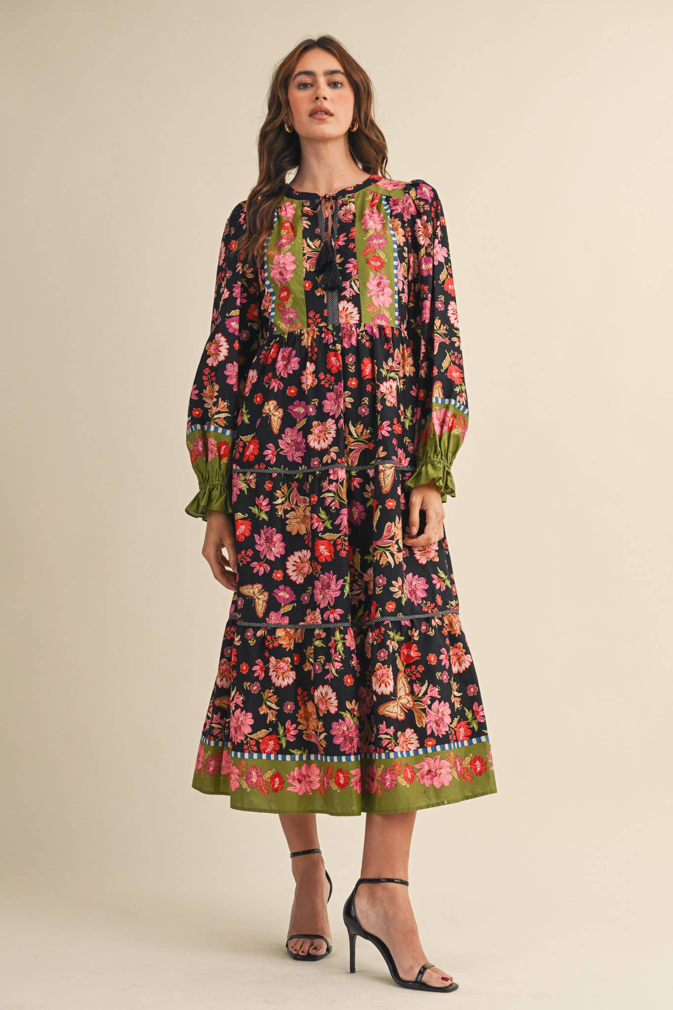 EXCLUSIVE FLORAL BORDER PRINT MIDI DRESS