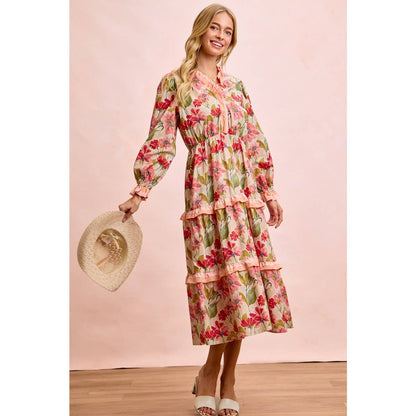 FLORAL PRINT MIDI DRESS WITH RUFFLE SCALLOP EDGE DETAILS