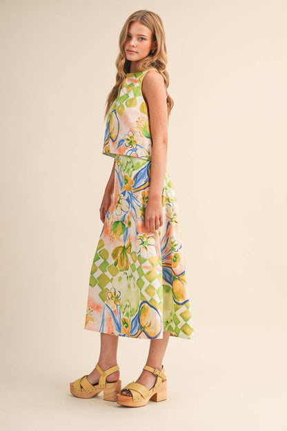 FLORAL PRINT CROP TANK AND MIDI SKIRT SET - MULTIPLE COLORS