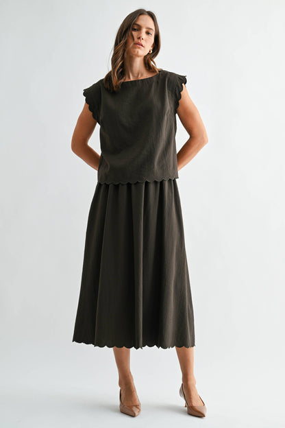 OLIVE GREEN SCALLOP EDGE MAXI TOP SKIRT SET
