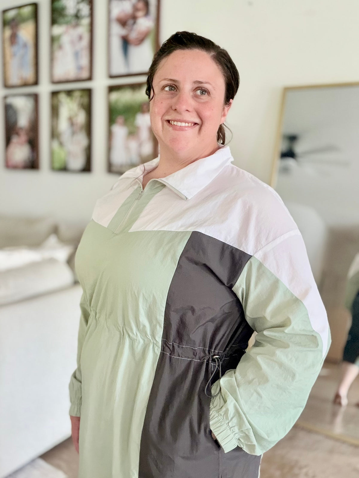 COLOR BLOCK LIGHTWEIGHT SAGE GREEN MULTI COLOR ATHLETIC WINDBREAKER ANORAK MIDI DRESS