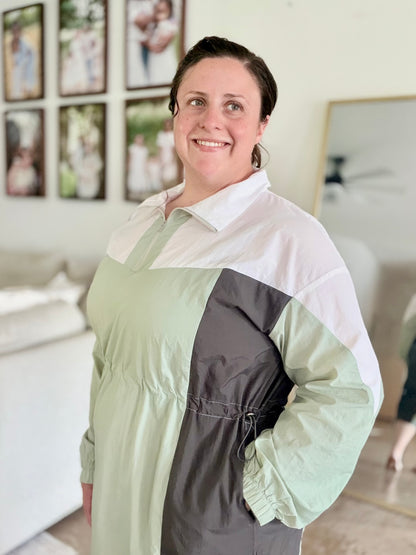 COLOR BLOCK LIGHTWEIGHT SAGE GREEN MULTI COLOR ATHLETIC WINDBREAKER ANORAK MIDI DRESS