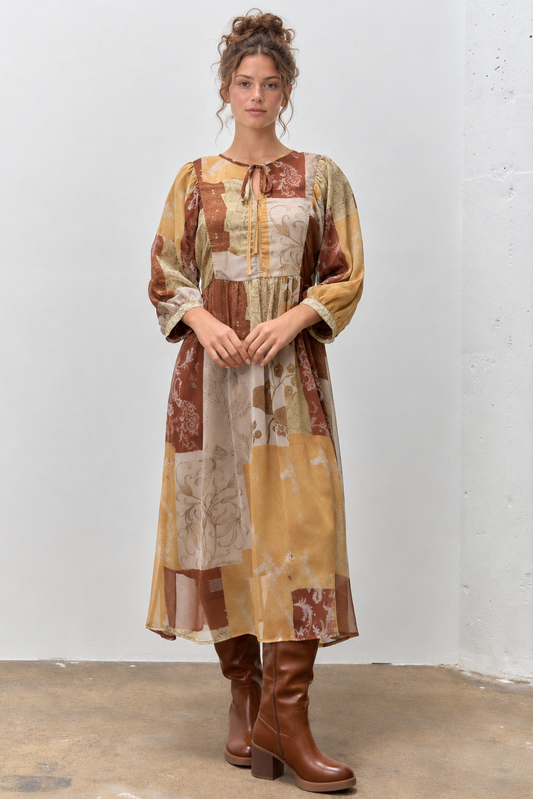 PATCHWORK PRINT MIDI DRESS