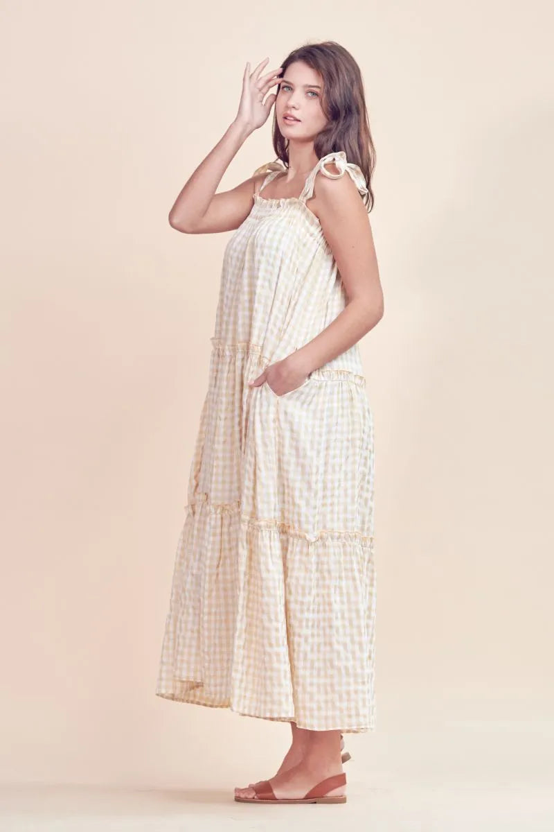 Cream Gingham Ruffle Midi Dress