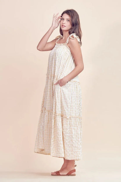 Cream Gingham Ruffle Midi Dress