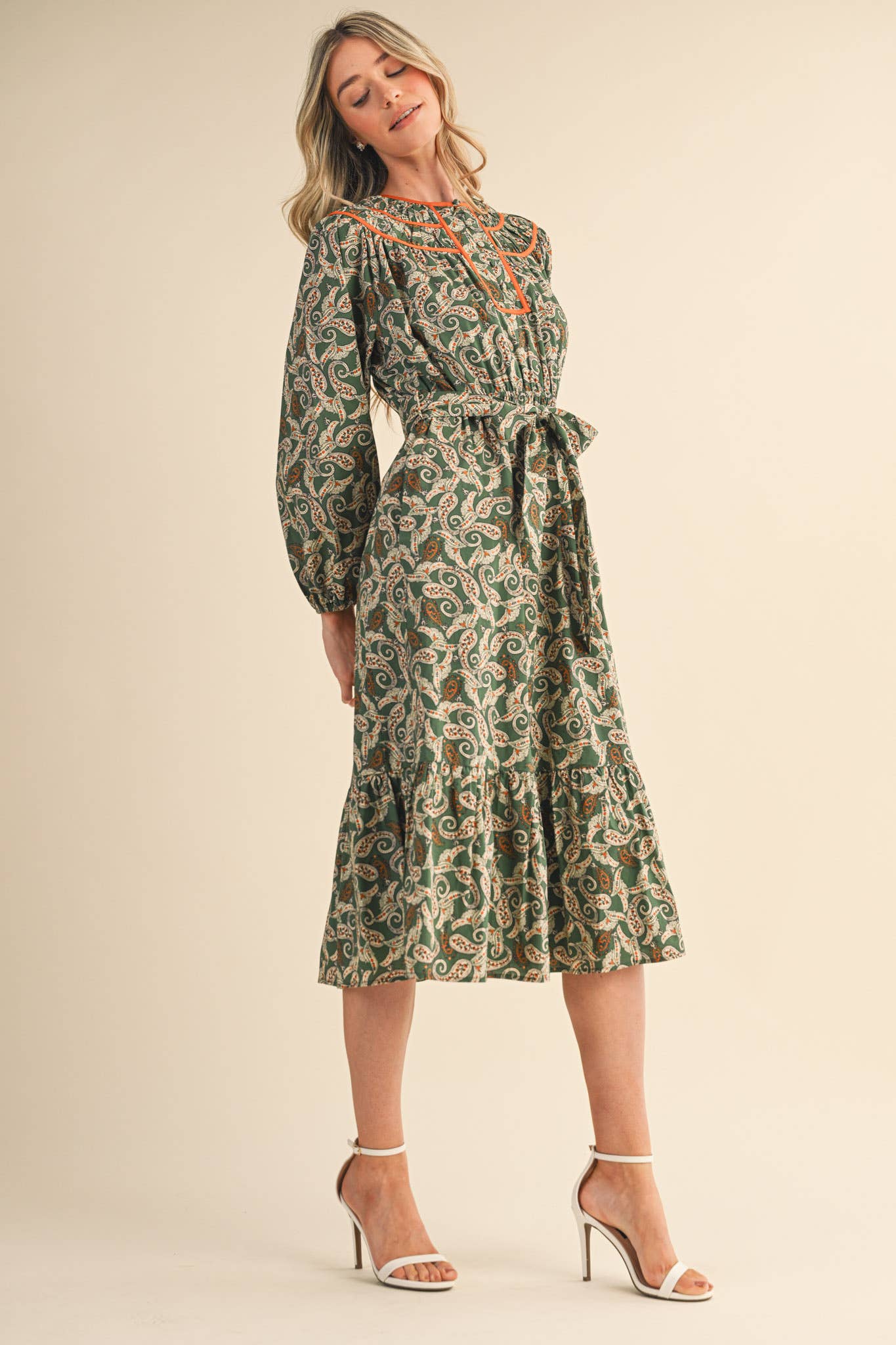 PAISLEY PRINT CONTRAST BINDING MIDI DRESS