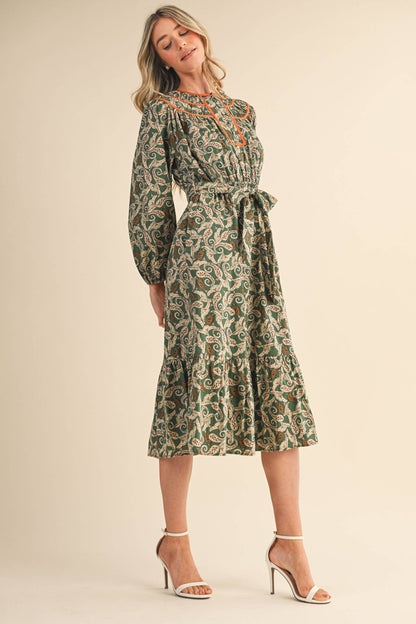 PAISLEY PRINT CONTRAST BINDING MIDI DRESS