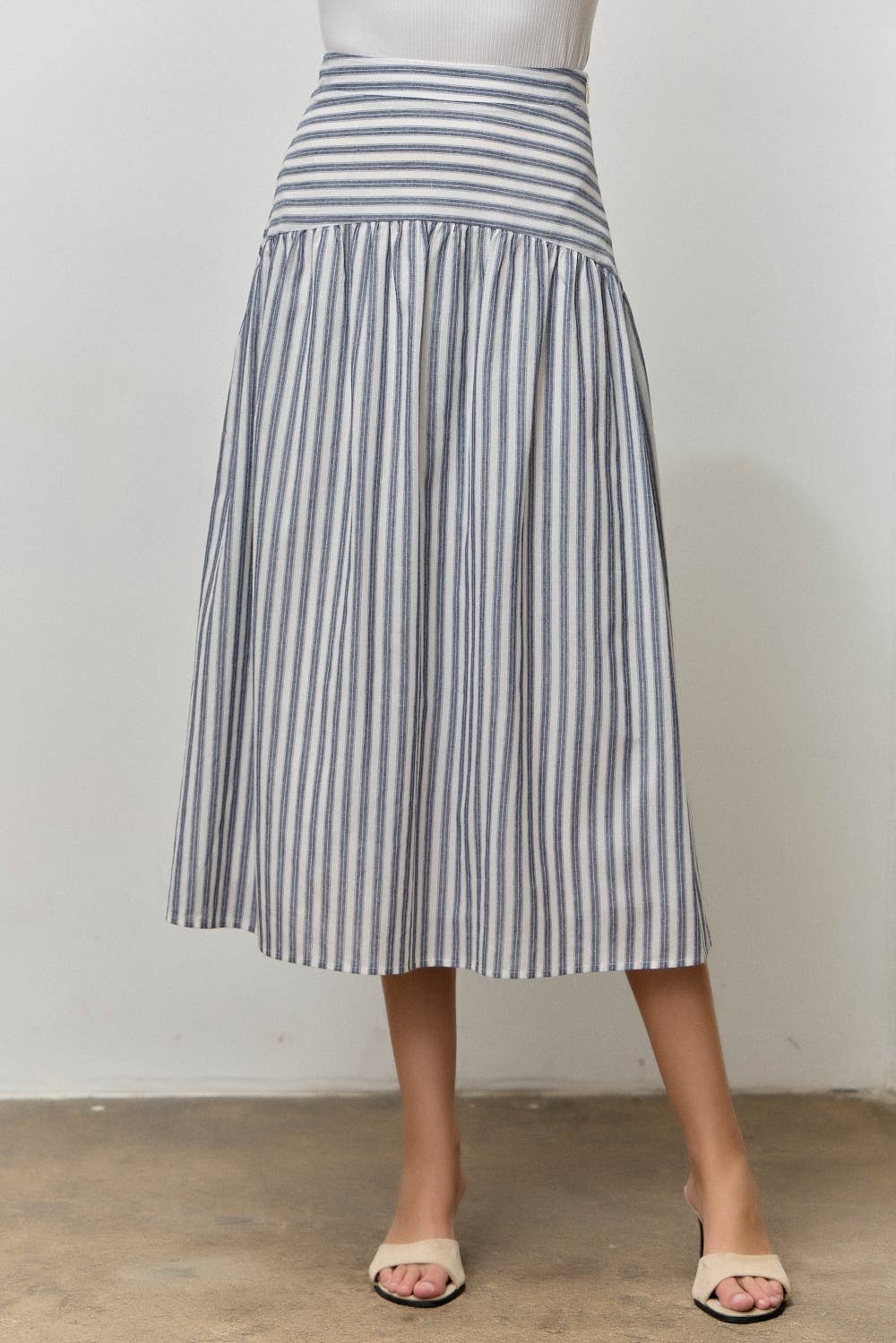 STRIPED COTTON TOP MIDI SKIRT SET NAVY