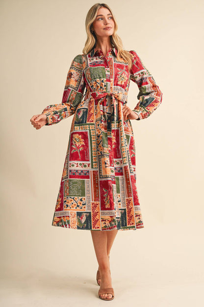 PATCHWORK PRT EMBELLISHED BUTTON DWN BELTED MIDI DREss