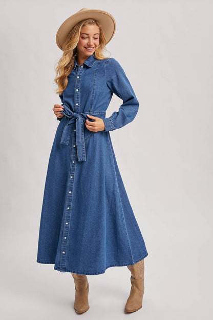 DENIM BUTTON DOWN BELTED SHIRT A-LINE MAXI DRESS