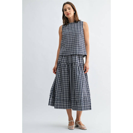 GINGHAM PRINTED PIN TUCK DETAIL MIDI SKIRT TOP SET