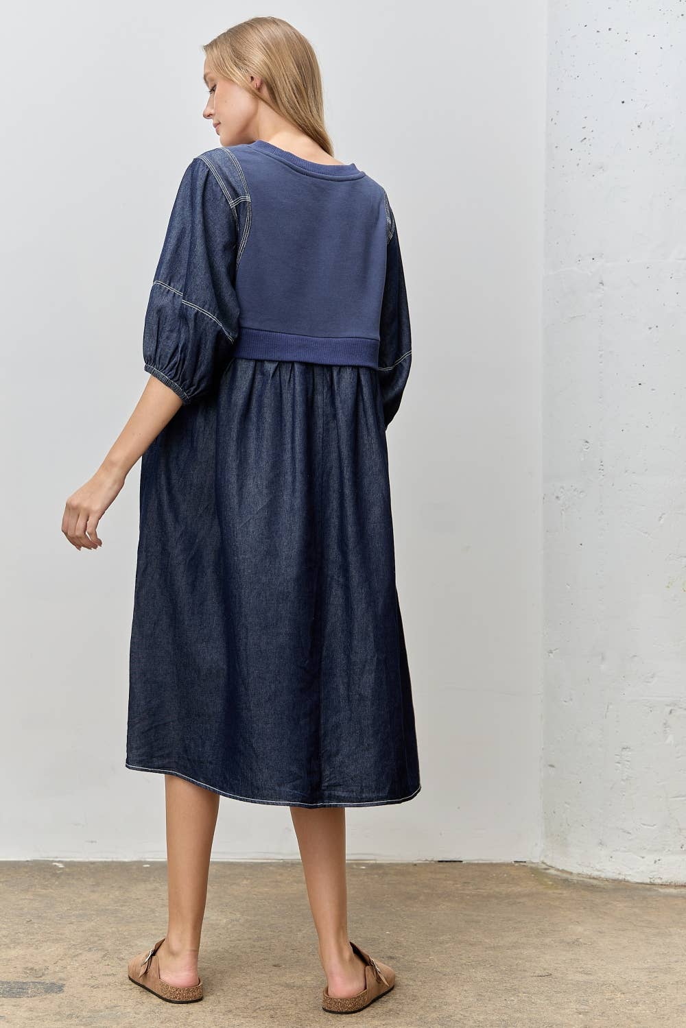 KNIT MIX 3/4 SLEEVE BLUE DENIM MIDI DRESS