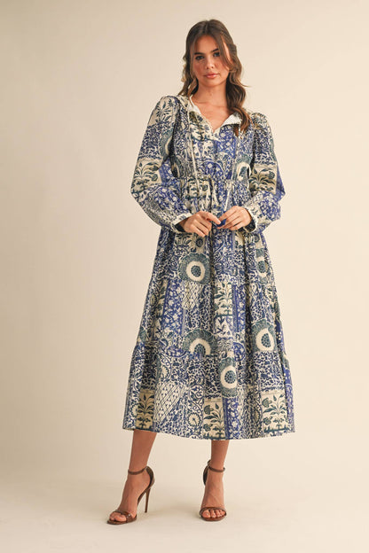 FLORAL TIERED LACE TRIM MIDI DRESS