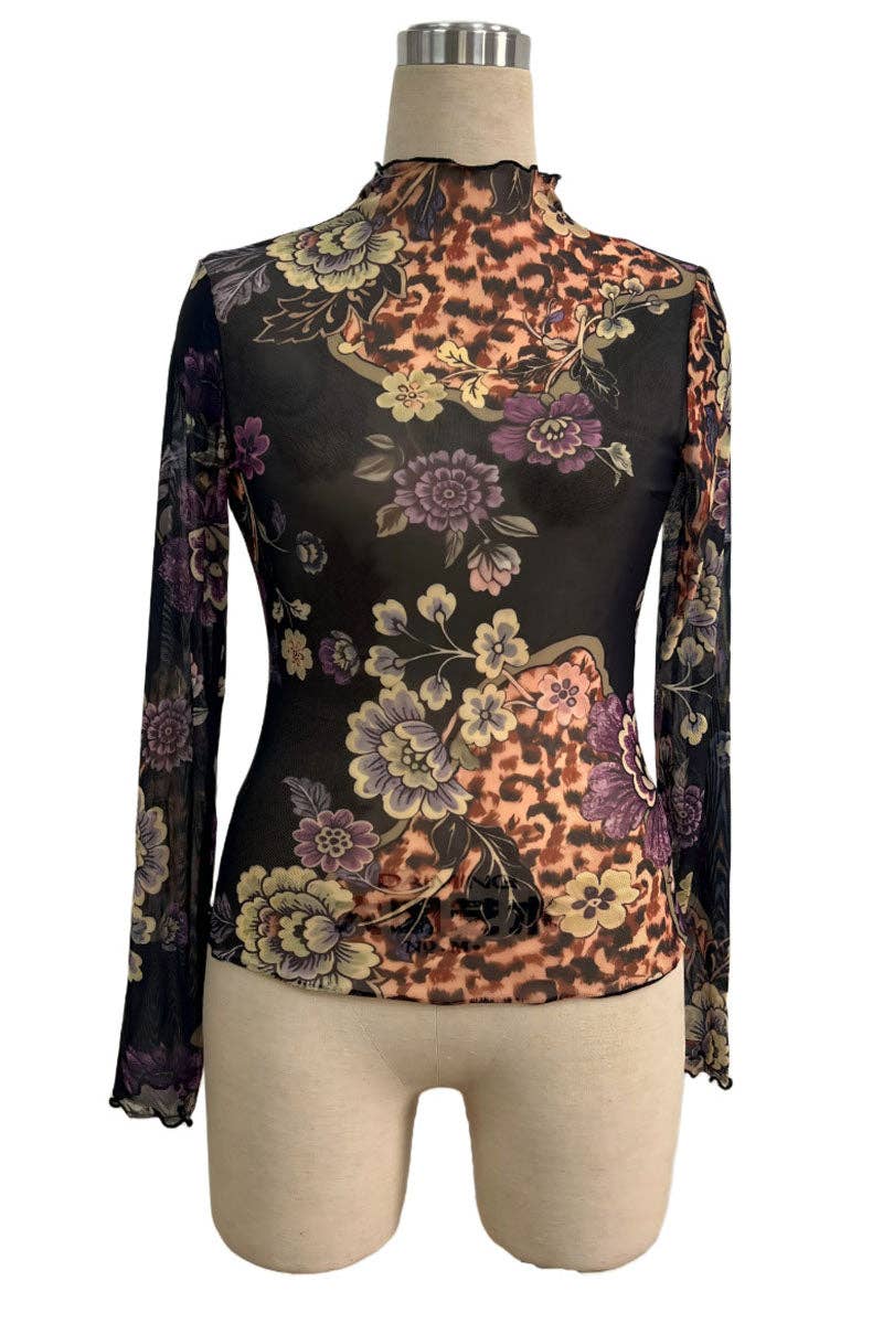 Sheer Floral Mock Neck Long Sleeve Blouse