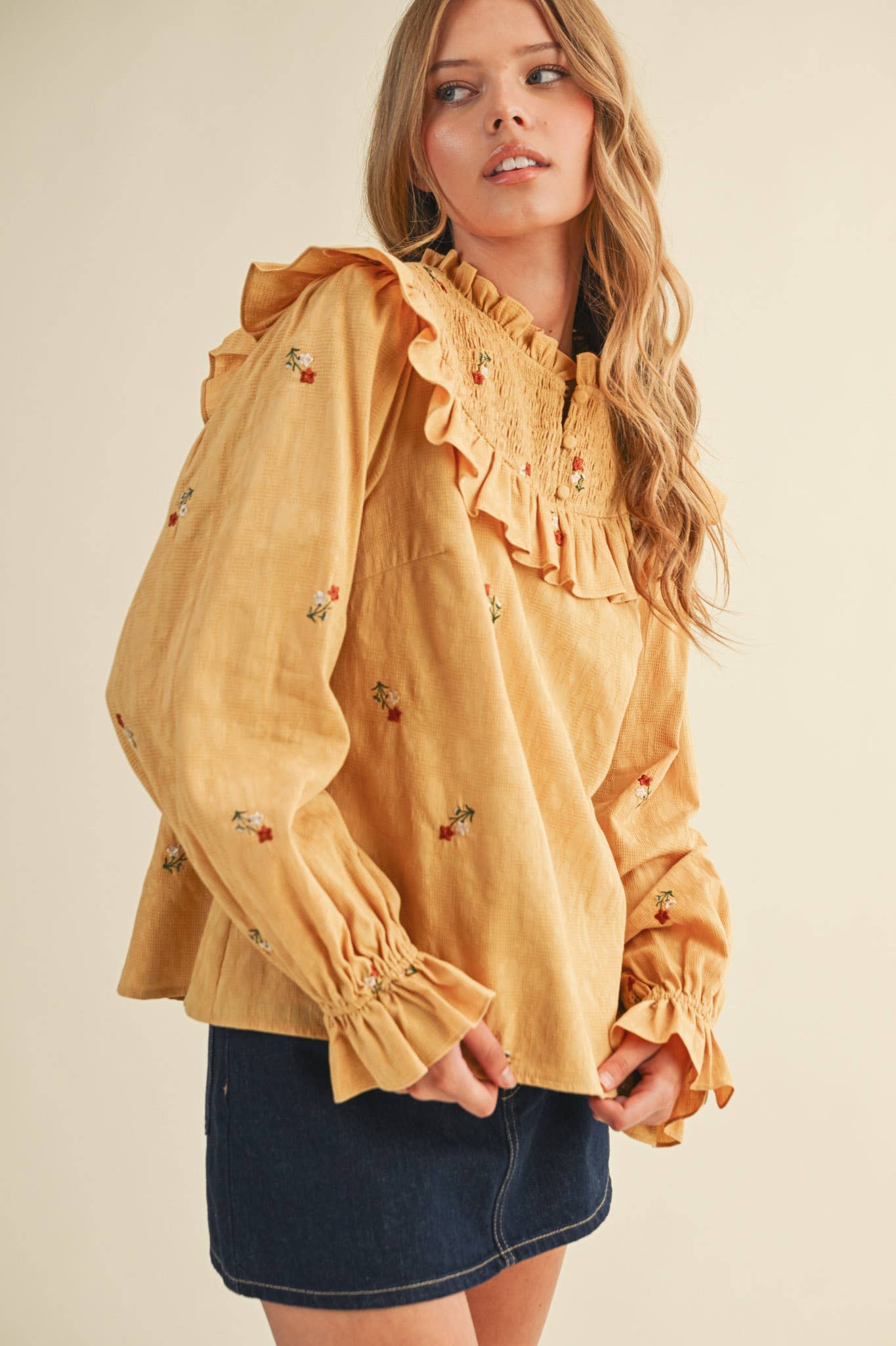 RUFFLED SMOCKED YOKE EMBROIDERED BLOUSE Multiple Color - PRE ORDER
