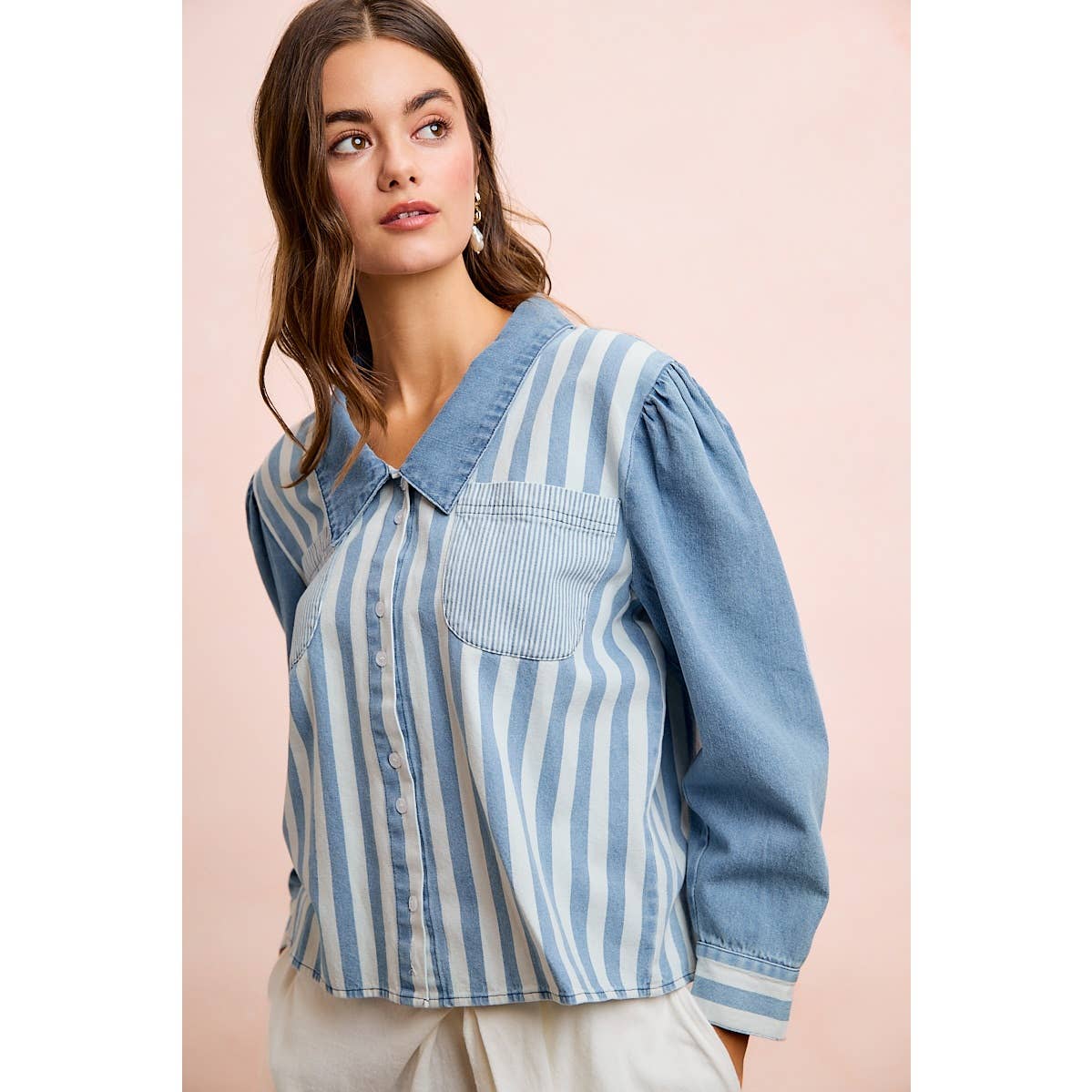 WASHED MULTI STRIPED DENIM BUTTONED SHACKET TOP